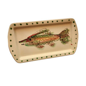 Liston Fish Platter Plate Small Signed 2003 12" x 9.5" Beige Pink Green Handmade